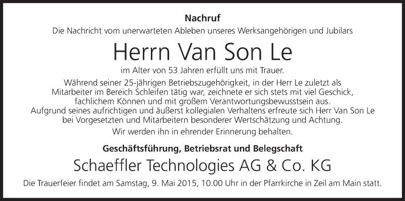  Traueranzeige für Van Son Le vom 08.05.2015 aus MGO