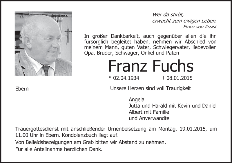  Traueranzeige für Franz Fuchs vom 16.01.2015 aus MGO