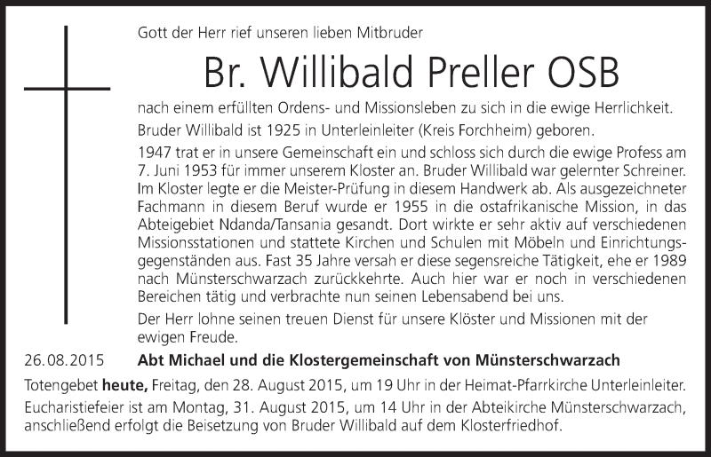  Traueranzeige für Willibald Preller vom 28.08.2015 aus MGO