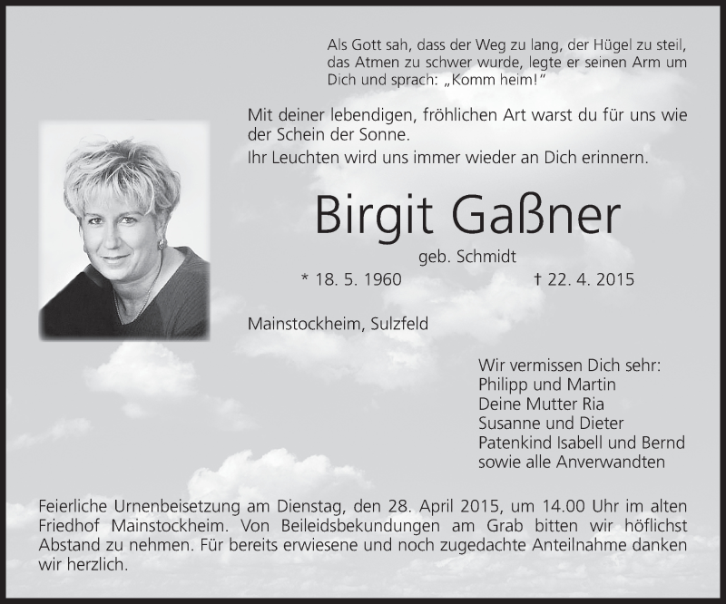  Traueranzeige für Birgit Gaßner vom 25.04.2015 aus MGO