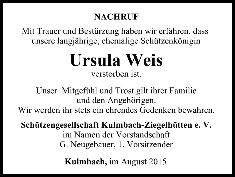  Traueranzeige für Ursula Weis vom 29.08.2015 aus MGO