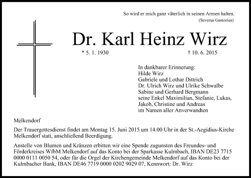  Traueranzeige für Karl Heinz Wirz vom 13.06.2015 aus MGO