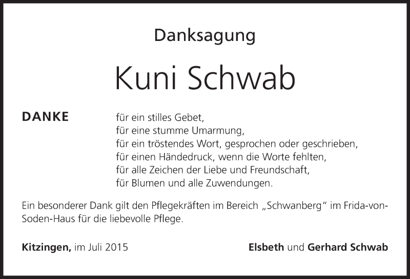  Traueranzeige für Kuni Schwab vom 18.07.2015 aus MGO