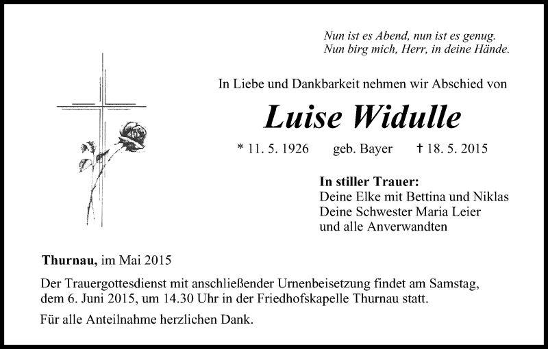  Traueranzeige für Luise Widulle vom 30.05.2015 aus MGO