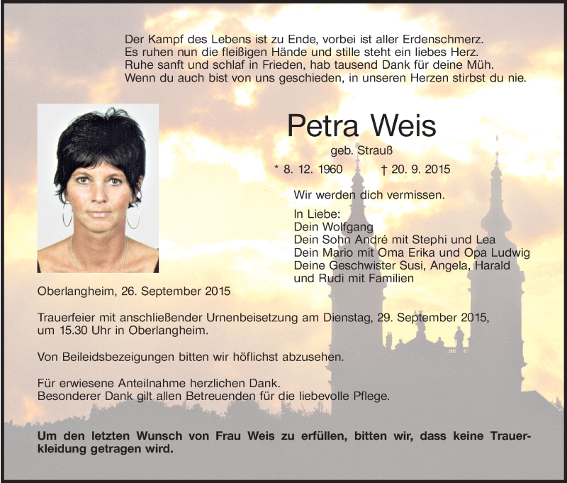  Traueranzeige für Petra Weis vom 26.09.2015 aus MGO