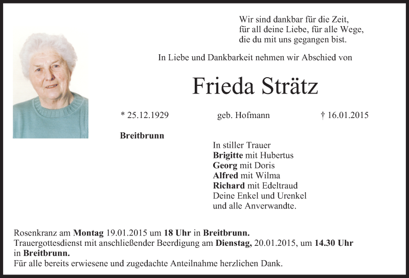  Traueranzeige für Frieda Strätz vom 19.01.2015 aus MGO