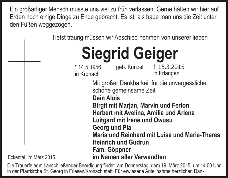  Traueranzeige für Siegrid Geiger vom 17.03.2015 aus MGO