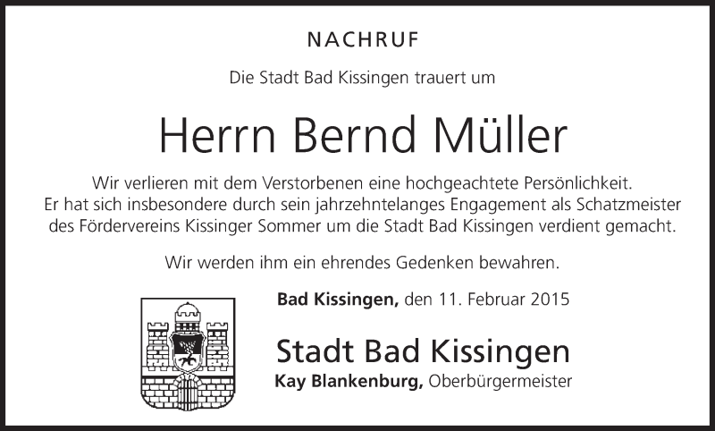  Traueranzeige für Bernd Müller vom 11.02.2015 aus MGO