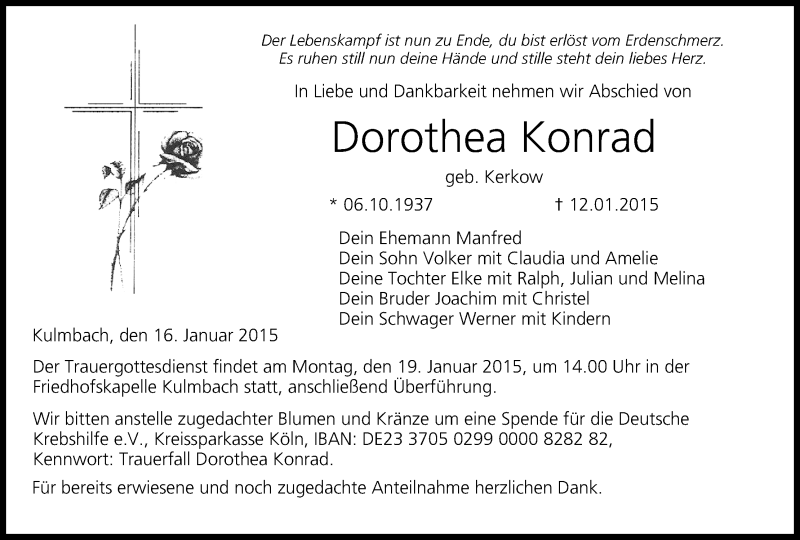  Traueranzeige für Dorothea Konrad vom 16.01.2015 aus MGO