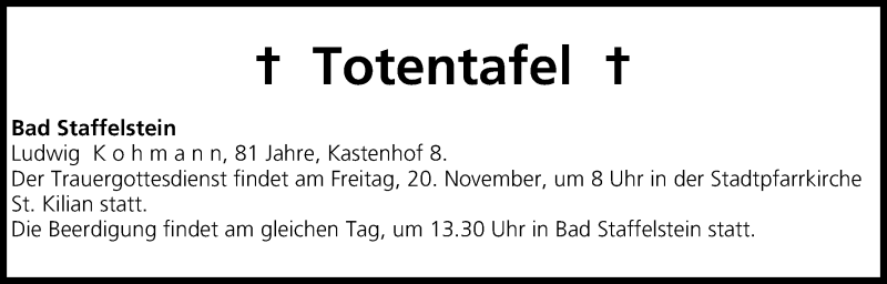  Traueranzeige für Totentafel vom 19.11.2015 vom 19.11.2015 aus MGO