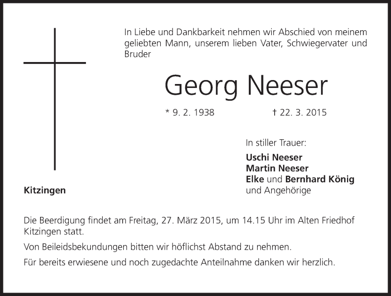  Traueranzeige für Georg Neeser vom 25.03.2015 aus MGO