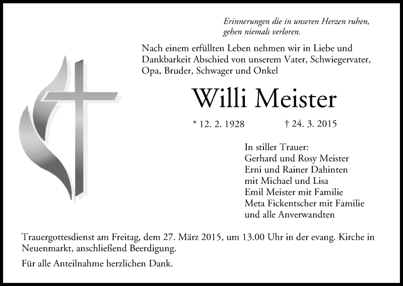  Traueranzeige für Willi Meister vom 26.03.2015 aus MGO