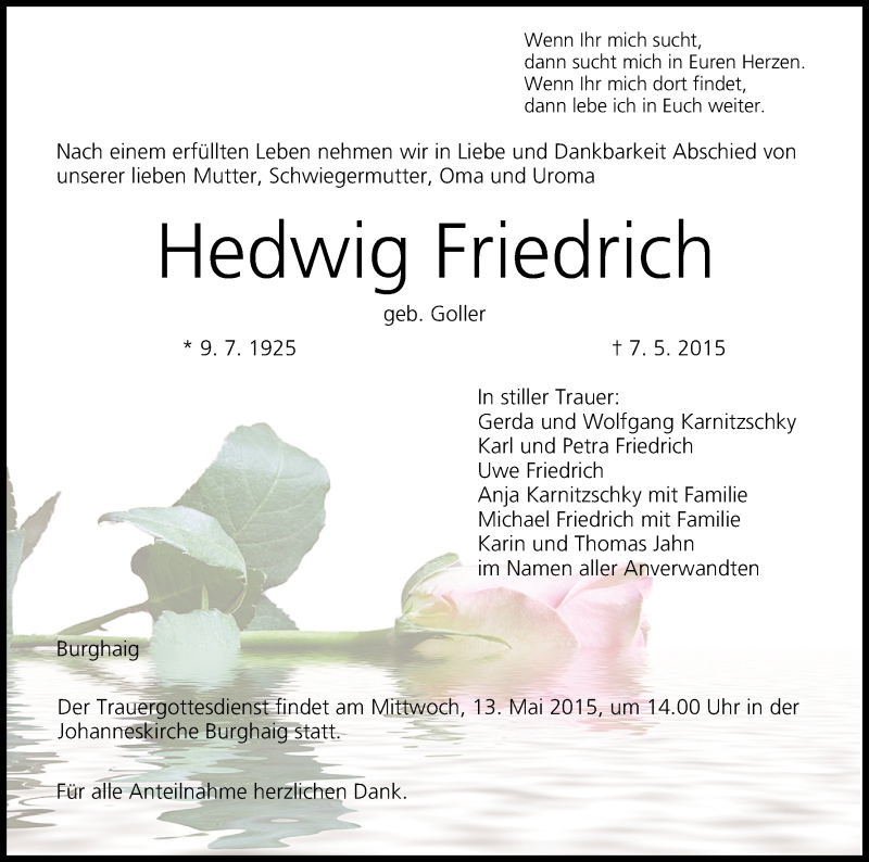  Traueranzeige für Hedwig Friedrich vom 11.05.2015 aus MGO