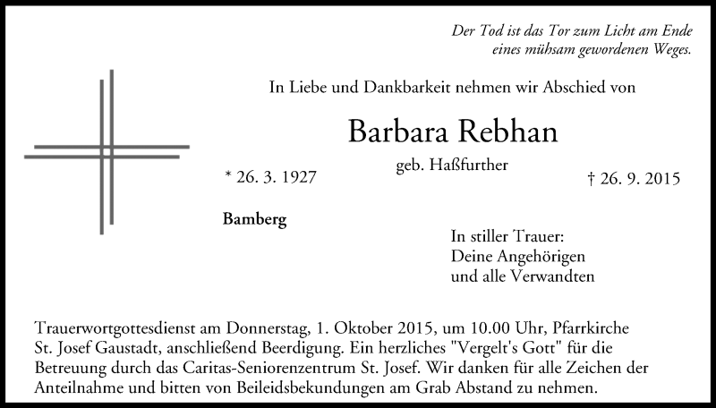  Traueranzeige für Barbara Rebhan vom 29.09.2015 aus MGO