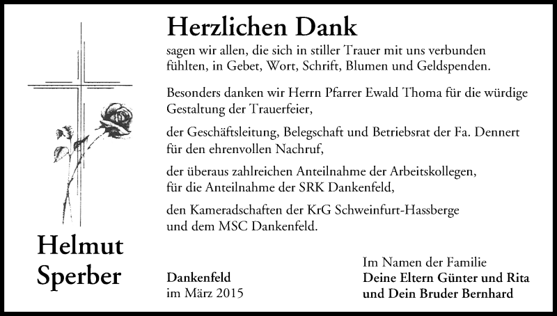  Traueranzeige für Helmut Sperber vom 07.03.2015 aus MGO