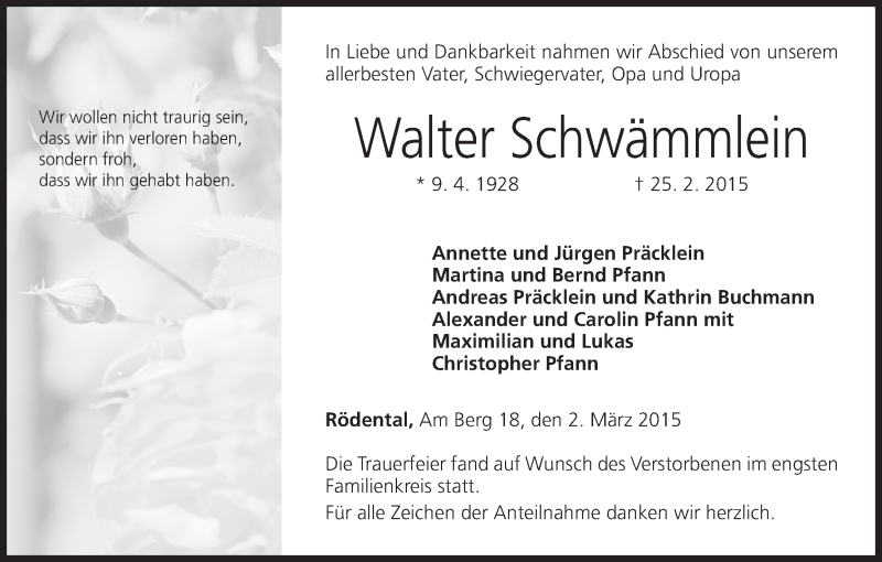  Traueranzeige für Walter Schwämmlein vom 02.03.2015 aus MGO