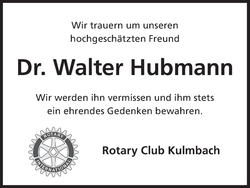  Traueranzeige für Walter Hubmann vom 27.05.2015 aus MGO