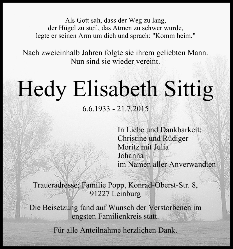  Traueranzeige für Hedy Elisabeth Sittig vom 20.08.2015 aus MGO