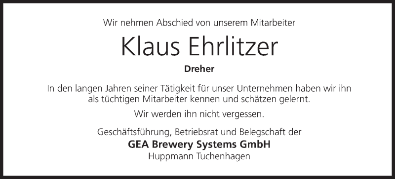  Traueranzeige für Klaus Ehrlitzer vom 14.10.2015 aus MGO