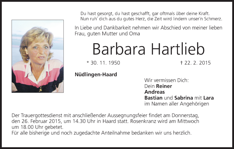  Traueranzeige für Barbara Hartlieb vom 24.02.2015 aus MGO