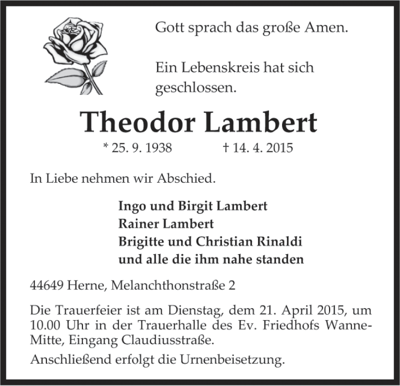  Traueranzeige für Theodor Lambert vom 18.04.2015 aus MGO