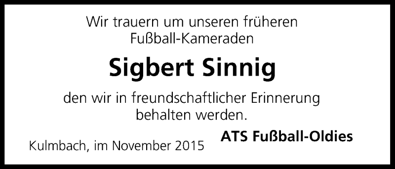  Traueranzeige für Sigbert Sinnig vom 19.11.2015 aus MGO