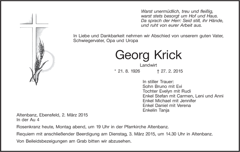  Traueranzeige für Georg Krick vom 02.03.2015 aus MGO