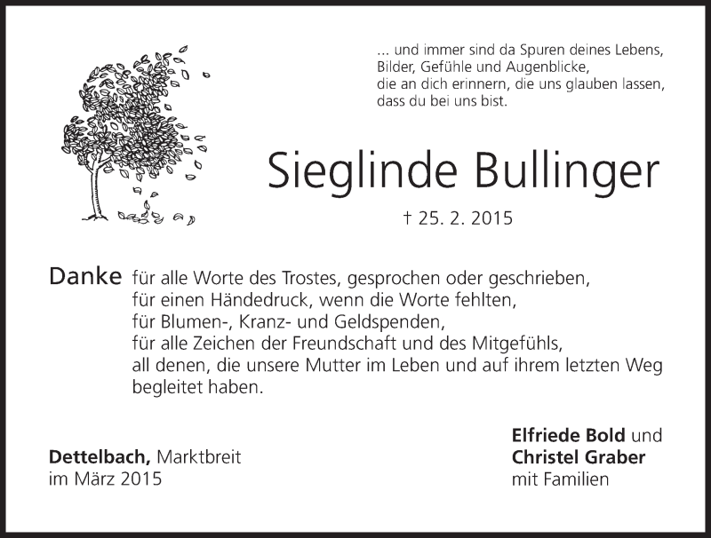  Traueranzeige für Sieglinde Bullinger vom 21.03.2015 aus MGO