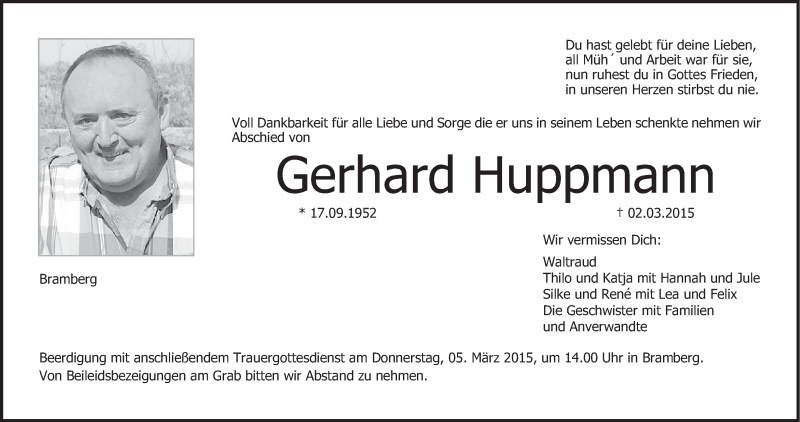  Traueranzeige für Gerhard Huppmann vom 03.03.2015 aus MGO