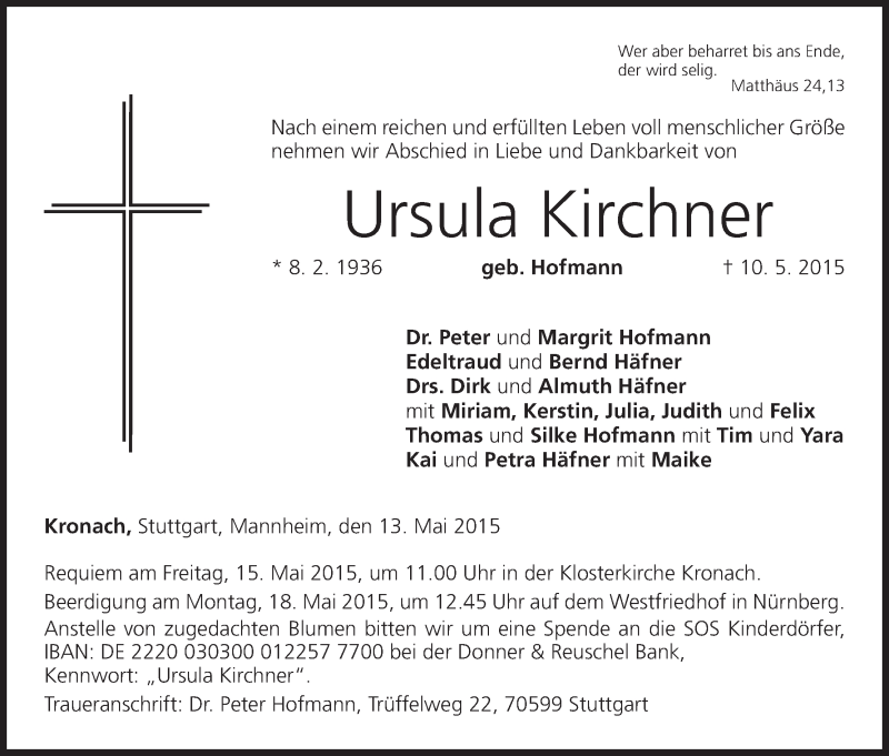 Traueranzeige für Ursula Kirchner vom 13.05.2015 aus MGO