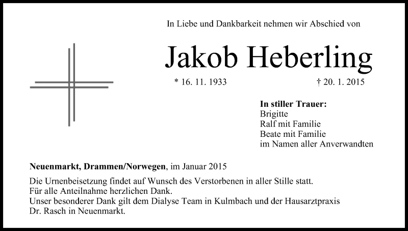  Traueranzeige für Jakob Heberling vom 23.01.2015 aus MGO