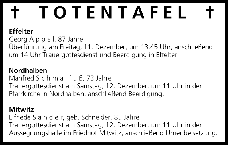  Traueranzeige für Totentafel vom 11.12.2015 vom 11.12.2015 aus MGO