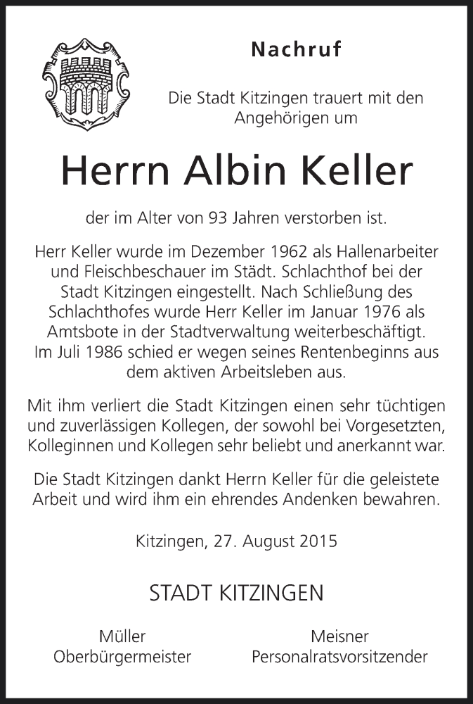  Traueranzeige für Albin Keller vom 01.09.2015 aus MGO