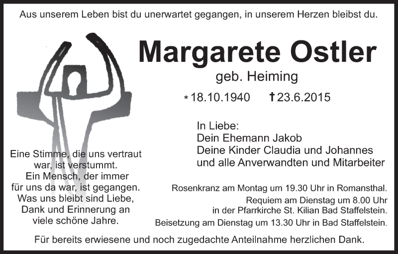  Traueranzeige für Margarete Ostler vom 27.06.2015 aus MGO