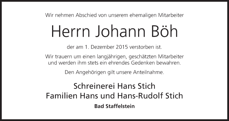  Traueranzeige für Johann Böh vom 09.12.2015 aus MGO