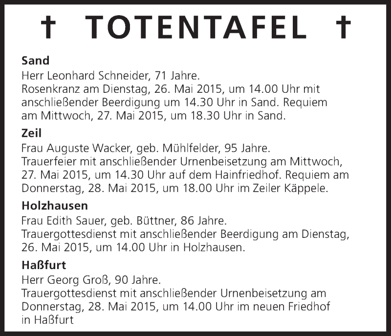  Traueranzeige für Totentafel 26.05.2015 vom 26.05.2015 aus MGO