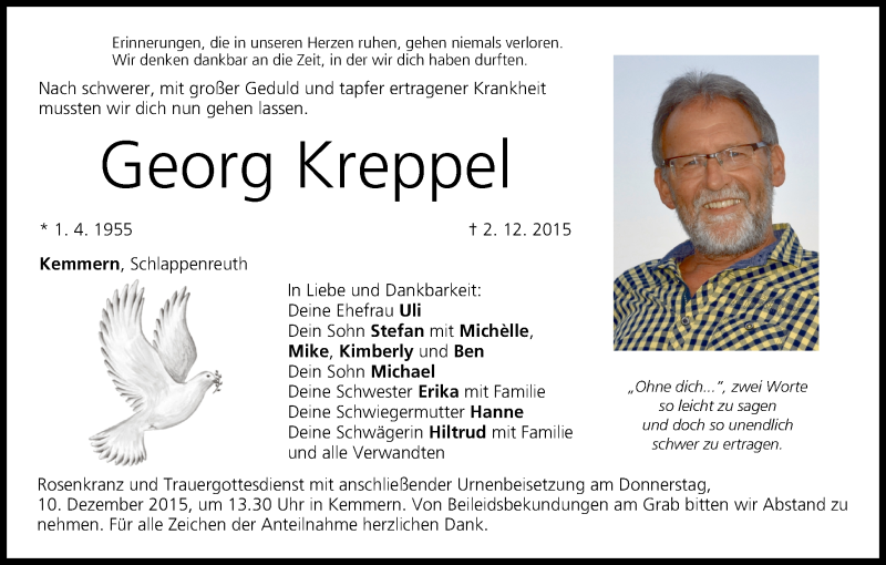  Traueranzeige für Georg Kreppel vom 08.12.2015 aus MGO