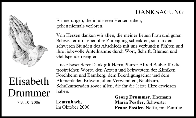  Traueranzeige für Elisabeth Drummer vom 28.10.2006 aus MGO