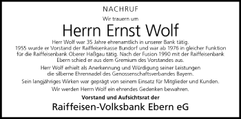 Anzeige von Ernst Wolf von MGO