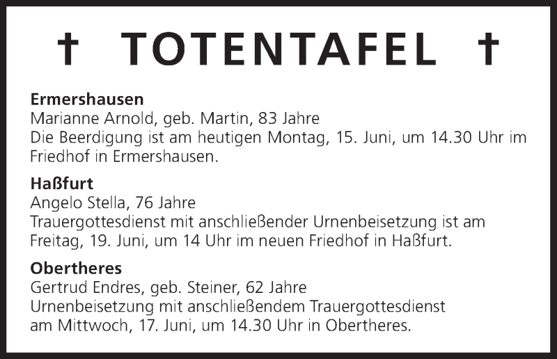  Traueranzeige für Totentafel vom 15.06.2015 vom 15.06.2015 aus MGO