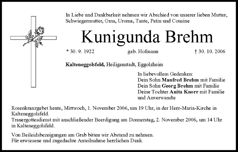  Traueranzeige für Kunigunda Brehm vom 01.11.2006 aus MGO