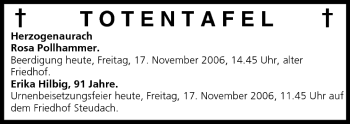 Anzeige von Totentafel vom 17.11.2006 von MGO