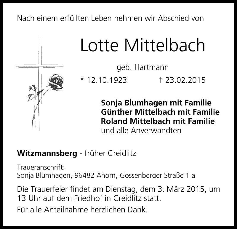  Traueranzeige für Lotte Mittelbach vom 28.02.2015 aus MGO