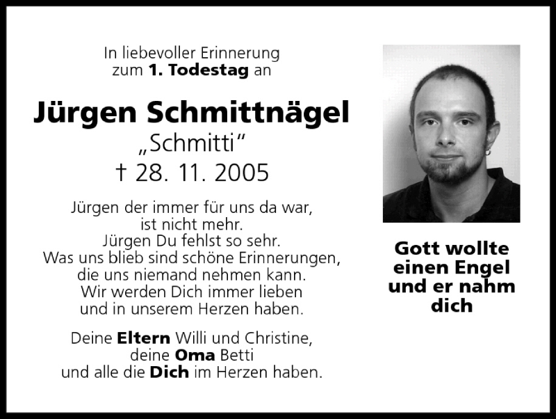 Traueranzeige für Jürgen Schmittnägel vom 28.11.2006 aus MGO