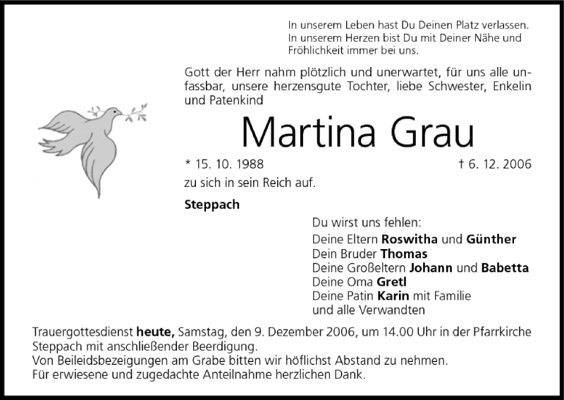  Traueranzeige für Martina Grau vom 09.12.2006 aus MGO
