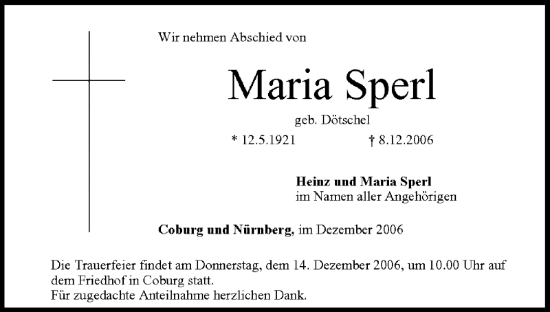  Traueranzeige für Maria Sperl vom 12.12.2006 aus MGO