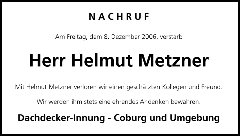  Traueranzeige für Helmut Metzner vom 15.12.2006 aus MGO