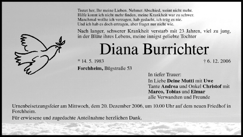  Traueranzeige für Diana Burrichter vom 19.12.2006 aus MGO