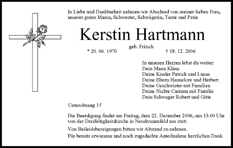  Traueranzeige für Kerstin Hartmann vom 20.12.2006 aus MGO