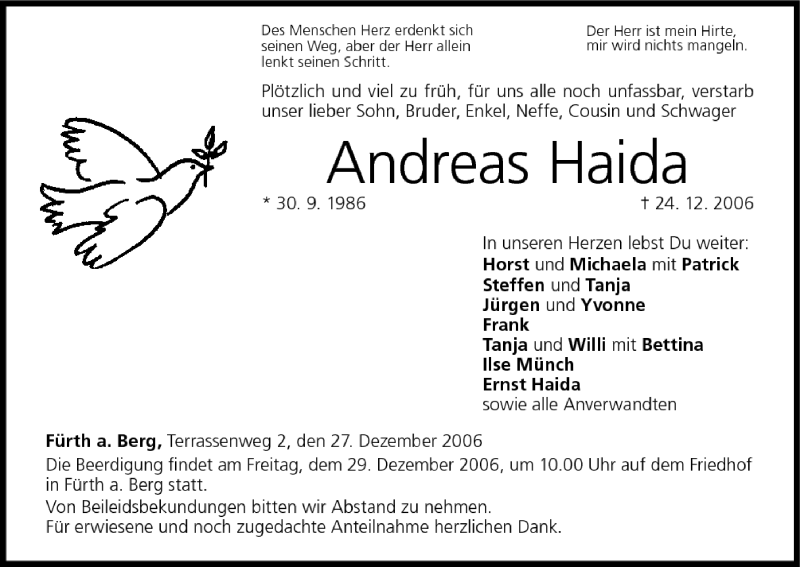 Traueranzeige für Andreas Haida vom 27.12.2006 aus MGO